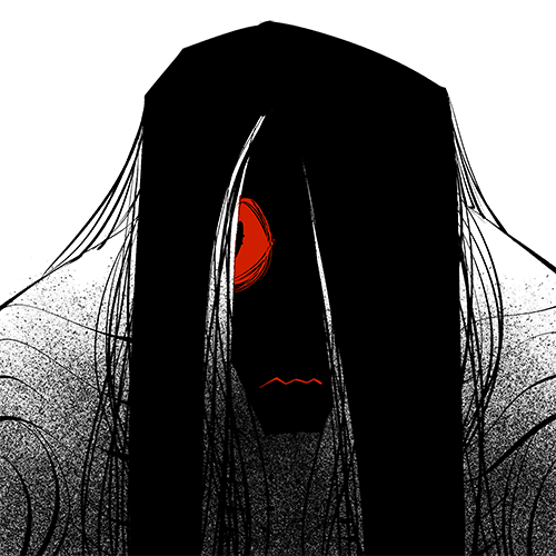 thumbnail of a humanoid with its face covered in shadow, with long black hair and one red eye
